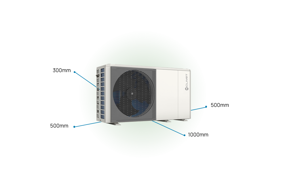 EDGE EVO 2.0 - EXC, les espaces nécessaires à l’installation sont les suivants : 500 millimètres de chaque côté, 300 millimètres à l’arrière, 1000 millimètres à l’avant